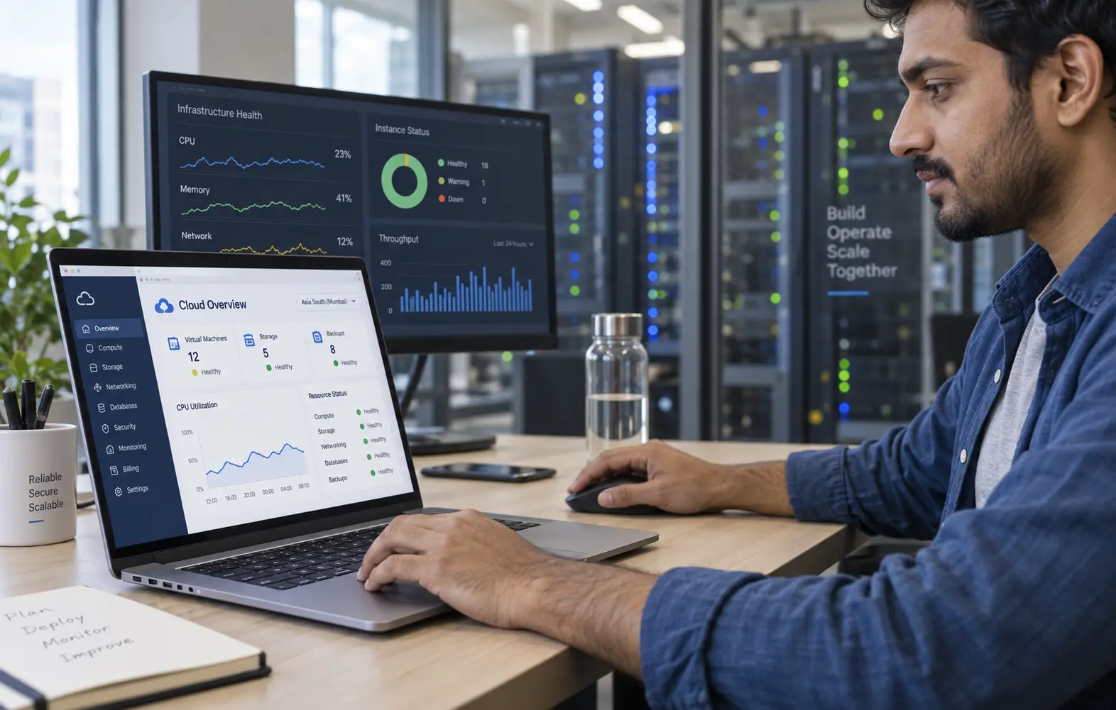 Engineer monitoring cloud infrastructure