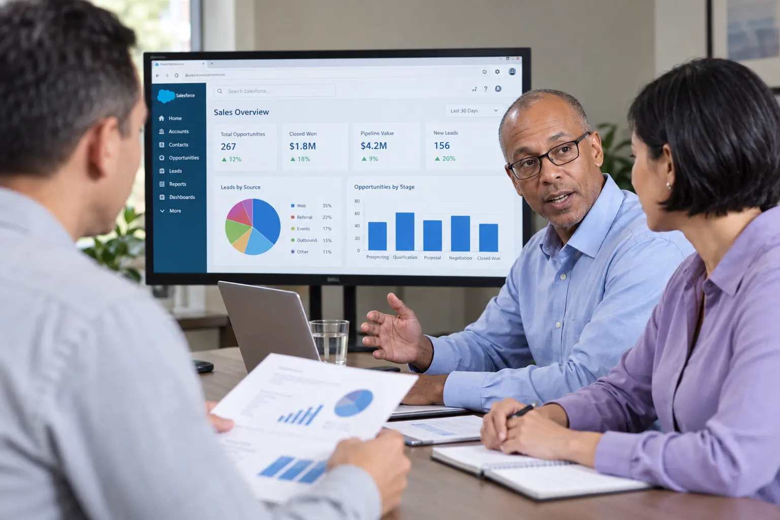 Team reviewing a Salesforce sales dashboard