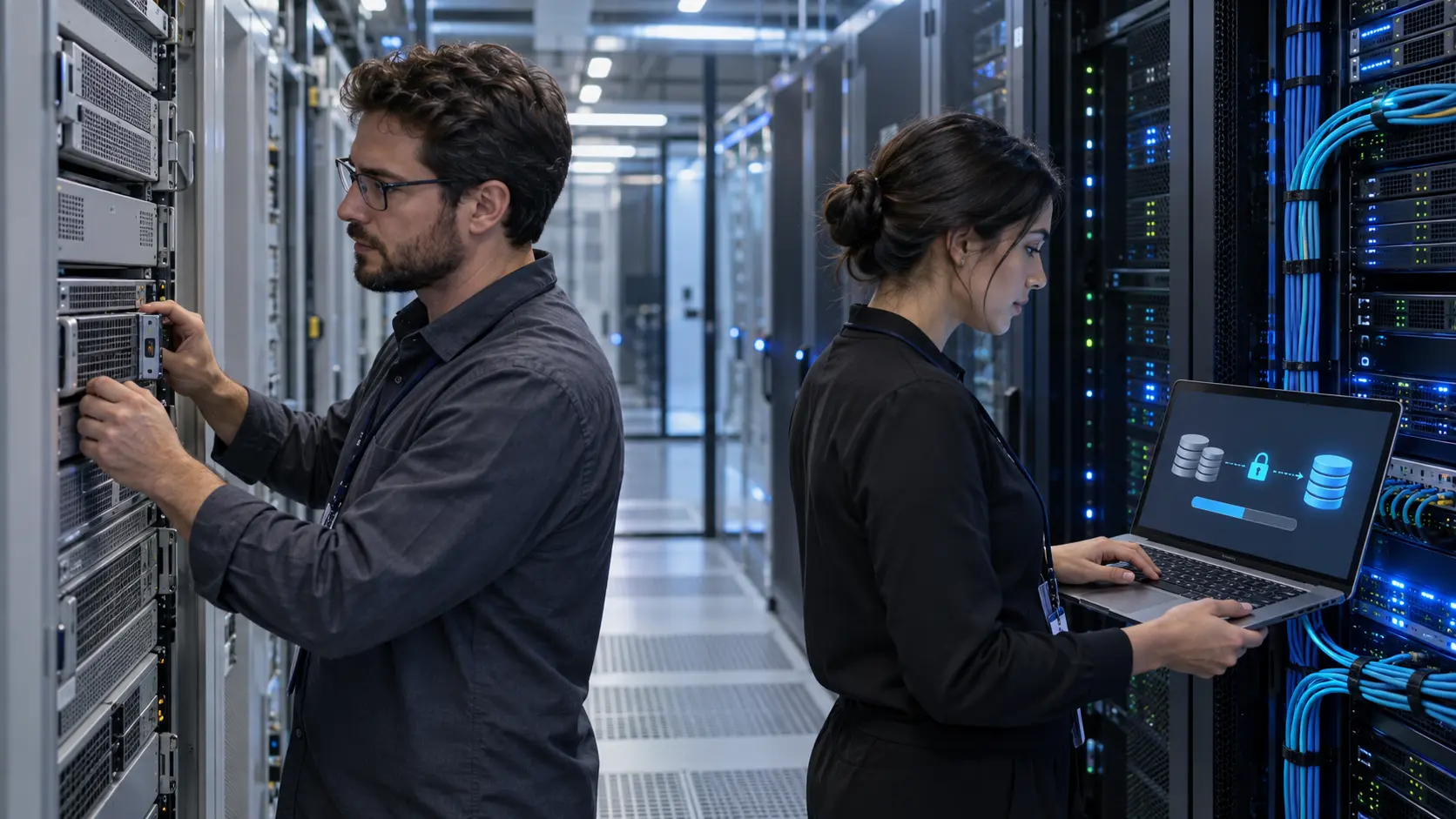 Cybersecurity specialists working in a data center